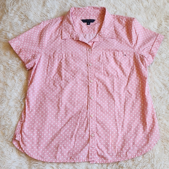 Tommy Hilfiger XL pink short sleeve white polka dot button-down shirt - Picture 2 of 8